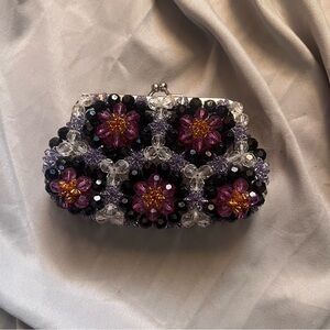Beaded Floral Evening Coin Purse - Purple and Clear